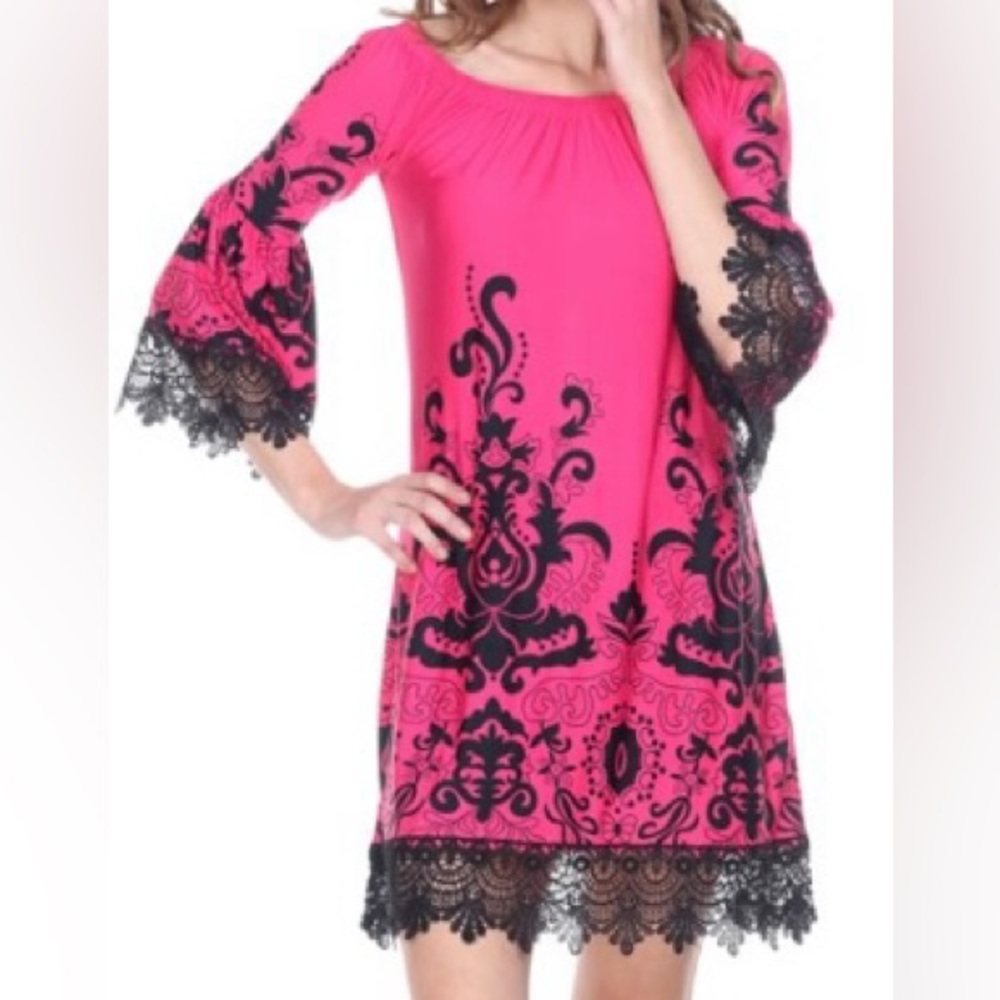 White Mark brand stretchy Off shoulder mini dress lace trim pink black sz Medium